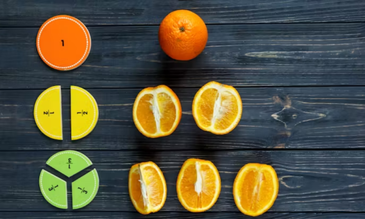 Imagen que representa fracciones matemáticas con frutas